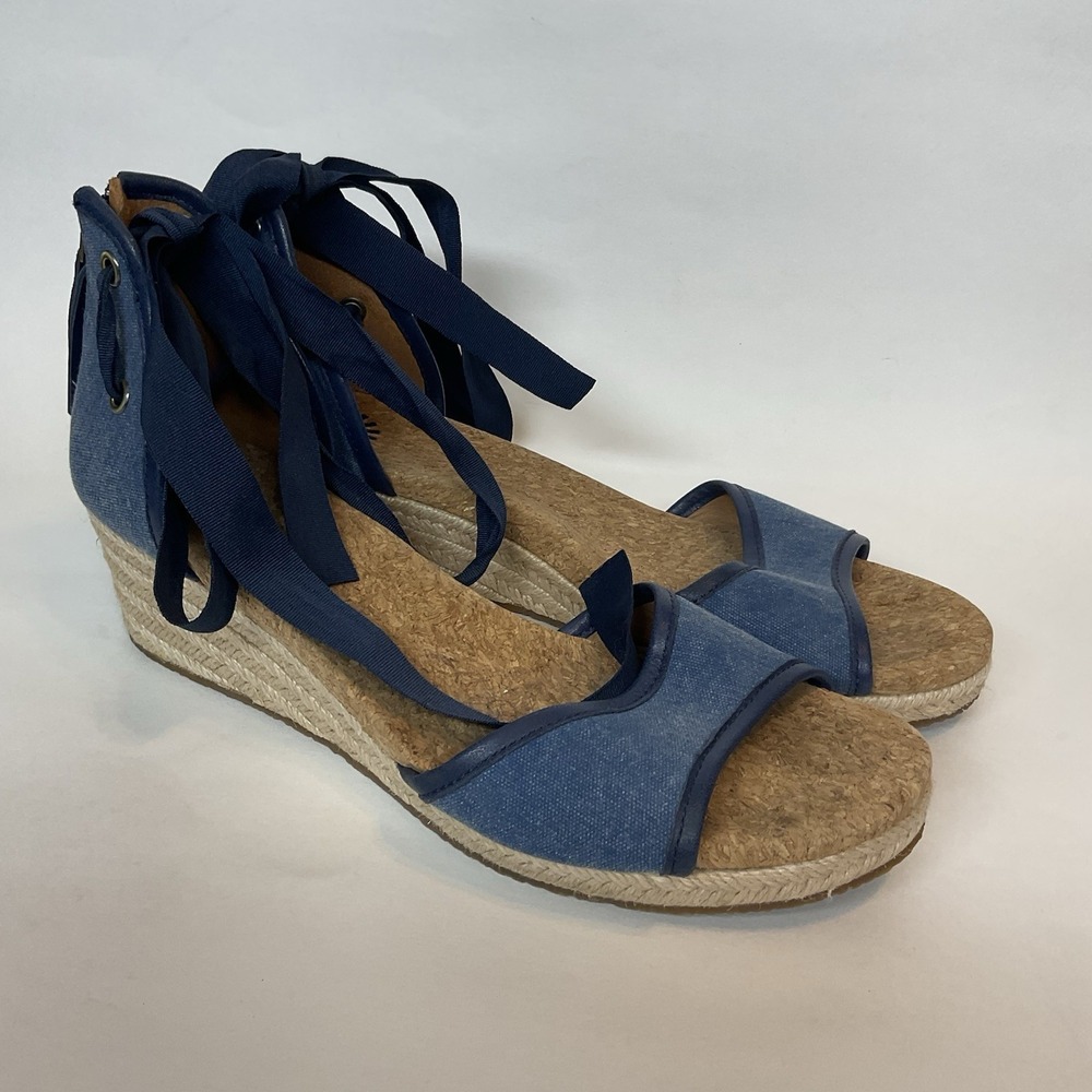 Ugg Amell Espadrille Lace Up Cork Wedge Sandals Open Toe Shoes 9,5 Denim Blue